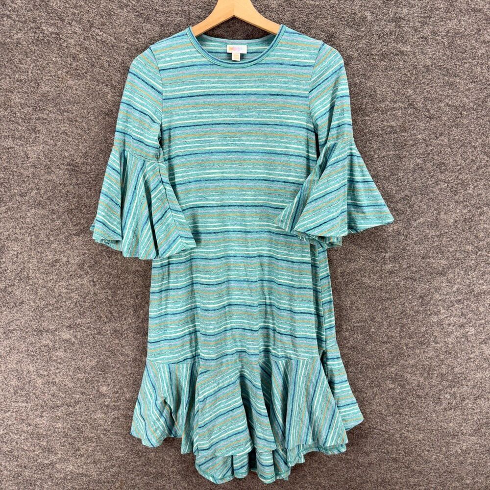 LulaRoe Dress Women 2XS Blue Striped Shift Short 3/4 Sleeve Cotton Crew Neck